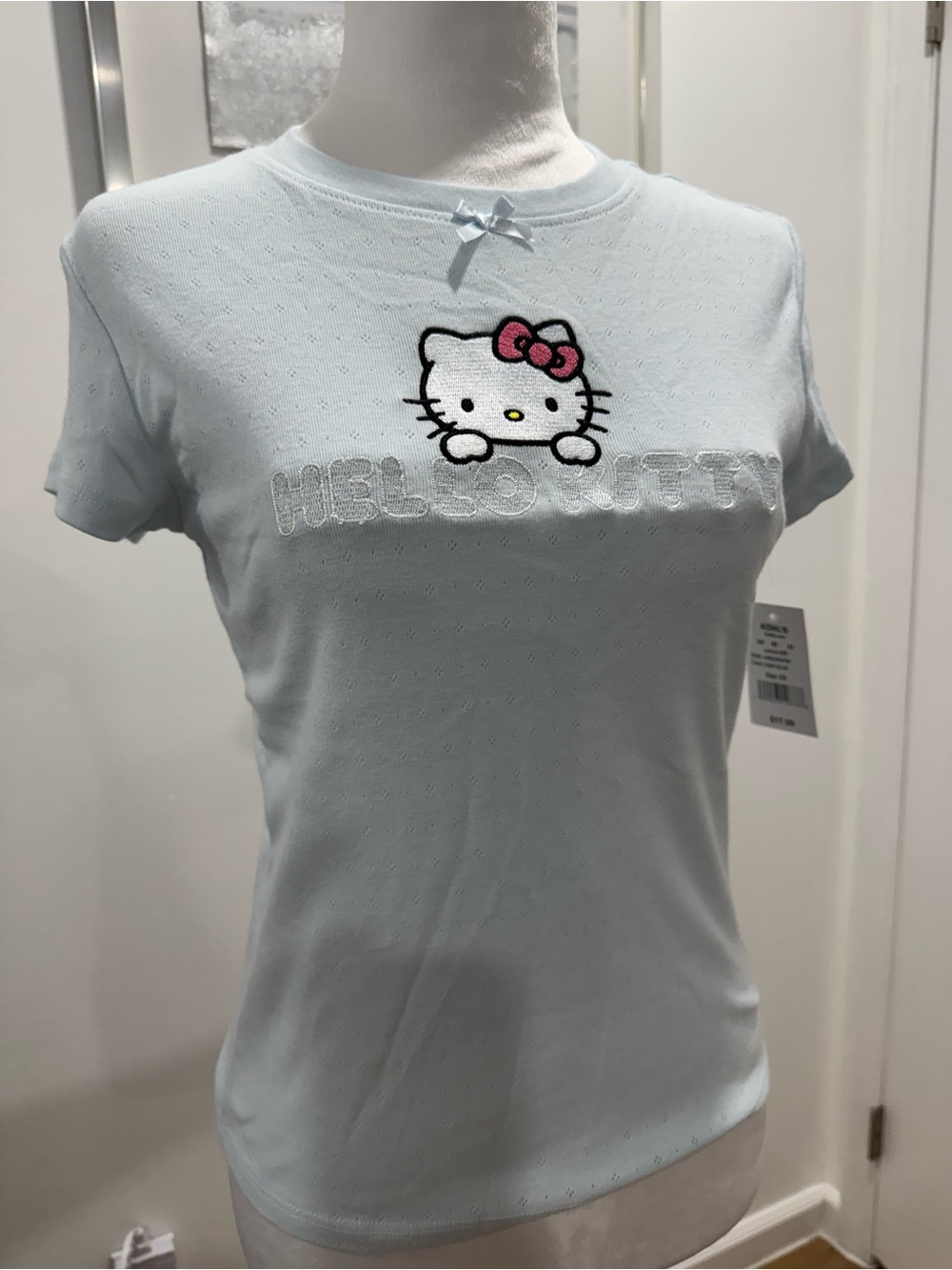 Hello Kitty Pastel Blue Tee with Pink Bow Embroidery